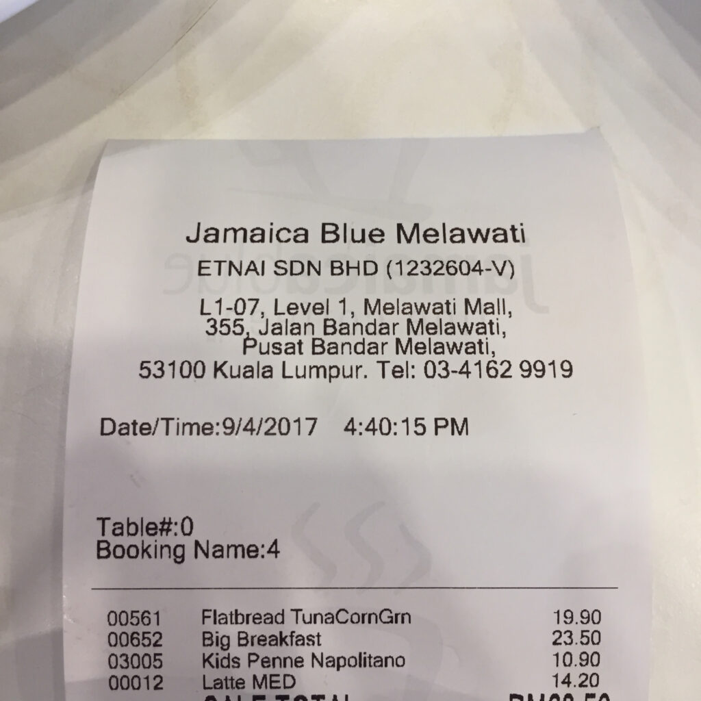 Receipt, Jamaica Blue, Melawati Mall - September 2017
