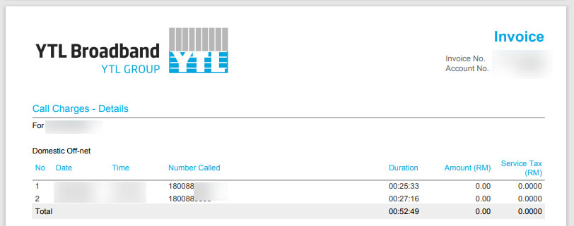 Call charges to 1800 number on YTL Broadband voice service