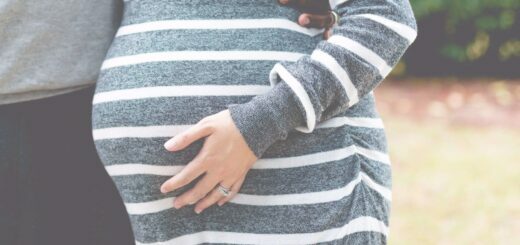 gray and white striped maternity dress
